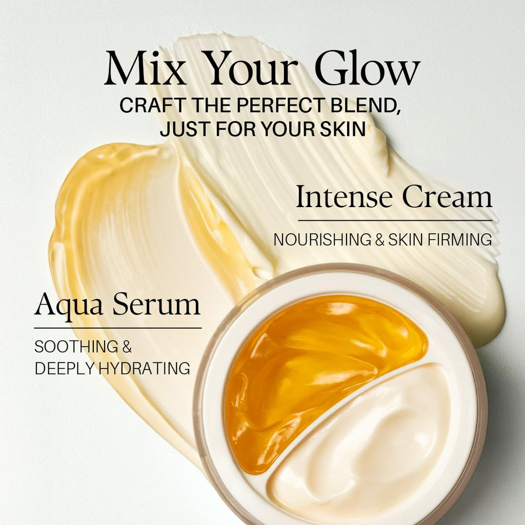 Pot de crème hydratante avec deux textures, jaune ambrée et crème blanche