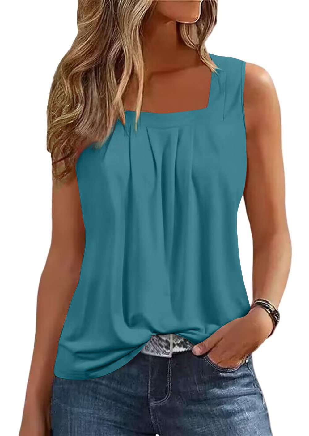 isermeo Summer Tank Tops for Women Loose Fit Pleated Square Neck Sleeveless Shirt Flowy Tops S-XXL