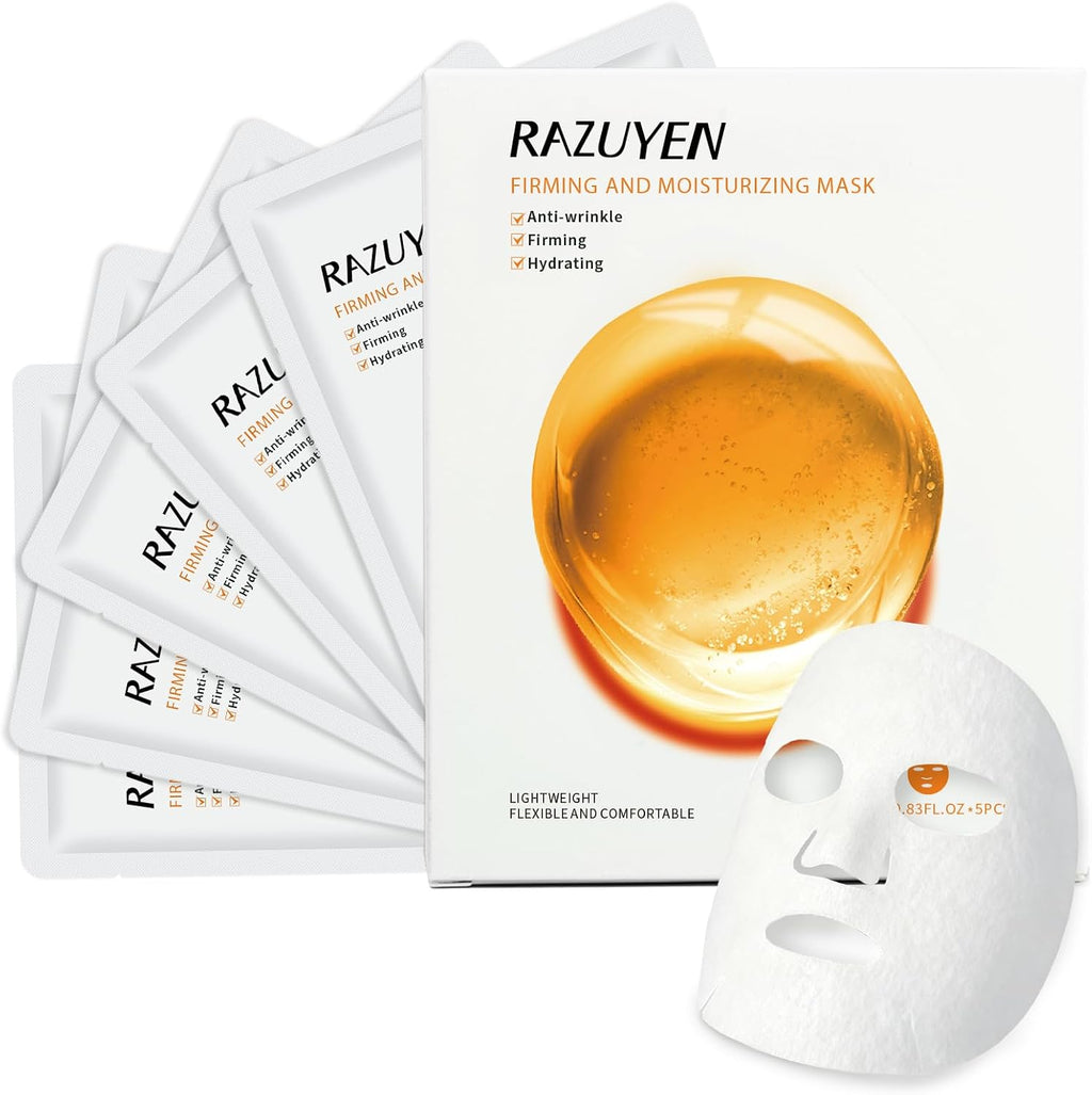 Masque en tissu RAZUYEN raffermissant : emballage et masque blanc au sérum ambré