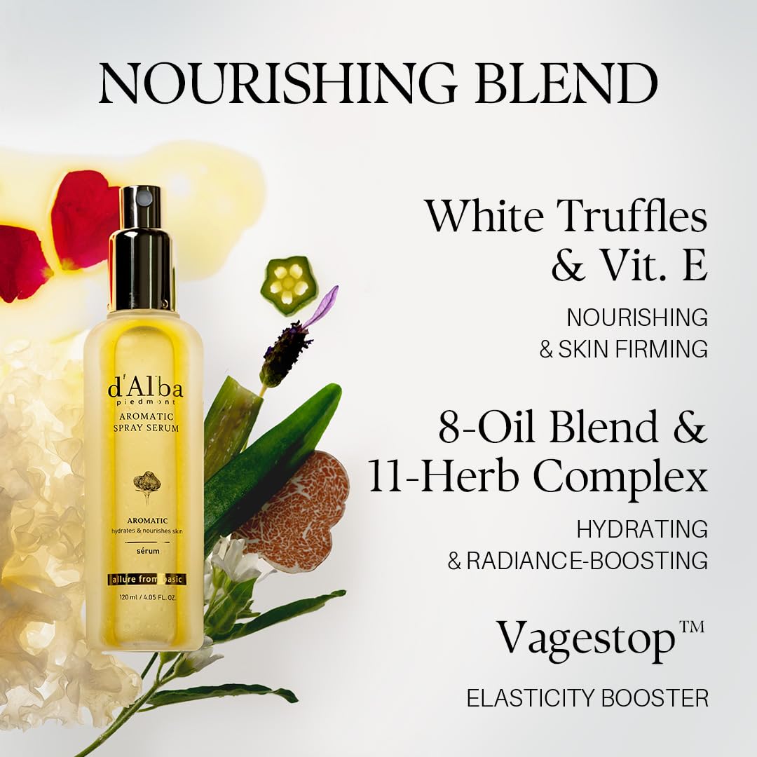 Sérum brume d'Alba Aromatic Spray Serum, flacon jaune avec ingrédients illustrés