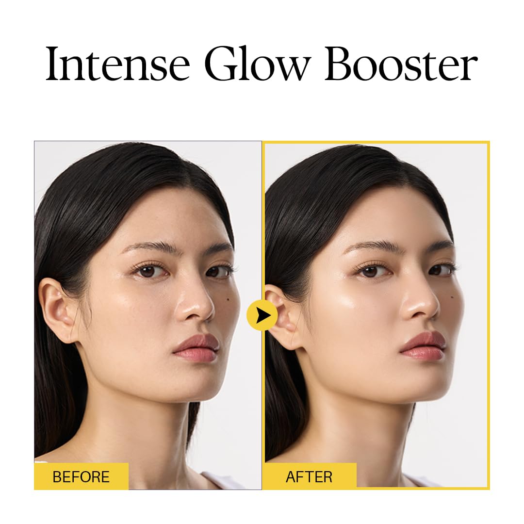 Sérum d'Alba présenté avec effet avant/après sur le visage, flacon dans un cadre jaune