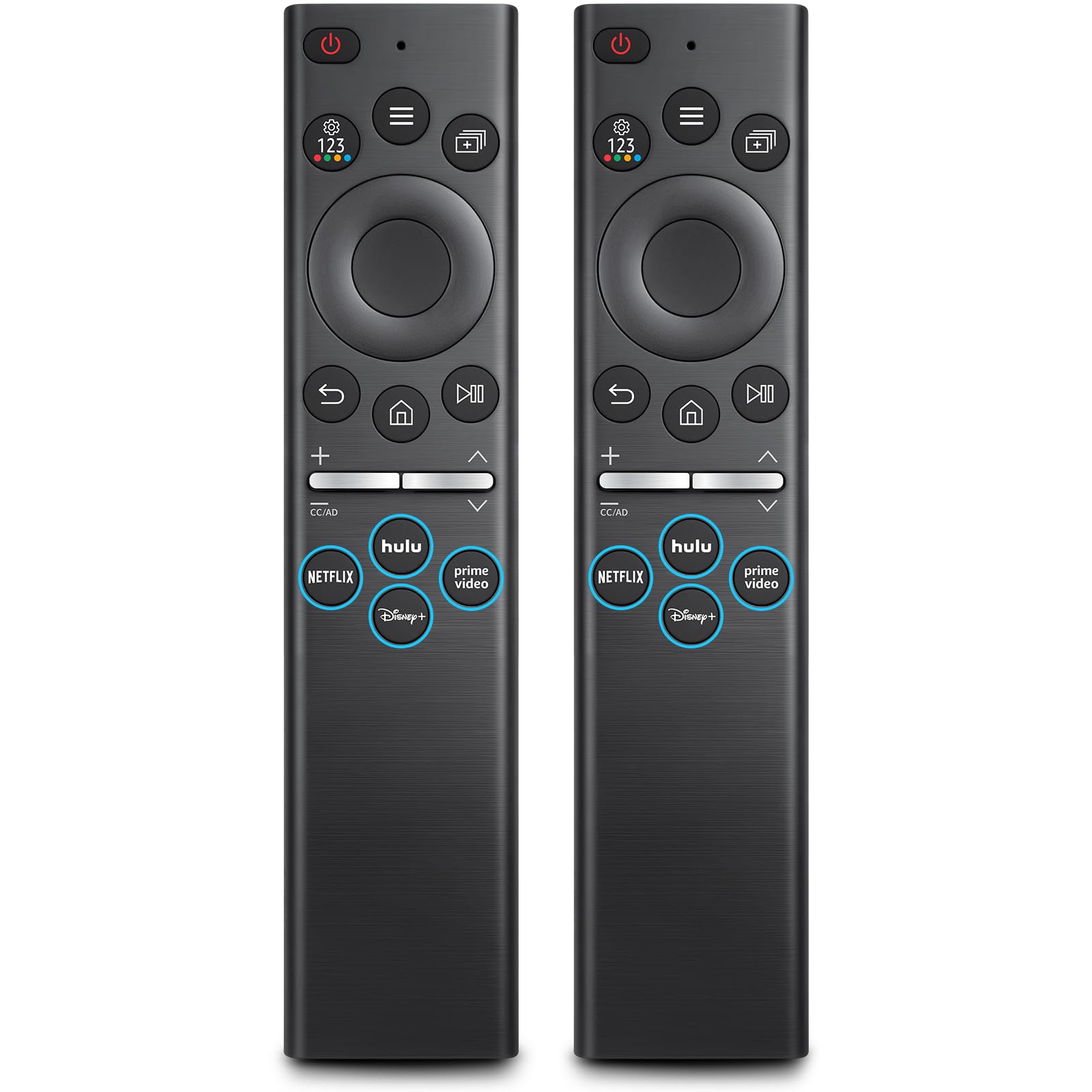 Deux télécommandes noires avec pavé central et touches Netflix, Hulu et Prime Video