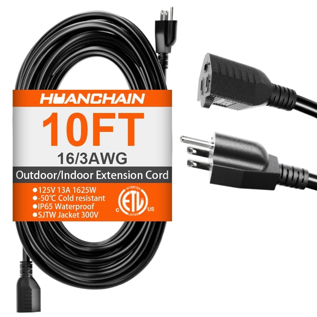 HUANCHAIN Indoor Outdoor Black Extension Cord 15 ft Waterproof, 16/3 Gauge Flexible Cold-Resistant Appliance Extension Cable Outside, 13A 1625W 16AWG SJTW, 3 Prong Electric Cord, ETL