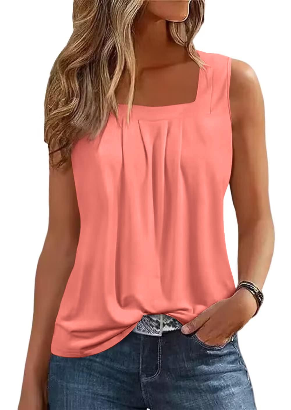 isermeo Summer Tank Tops for Women Loose Fit Pleated Square Neck Sleeveless Shirt Flowy Tops S-XXL