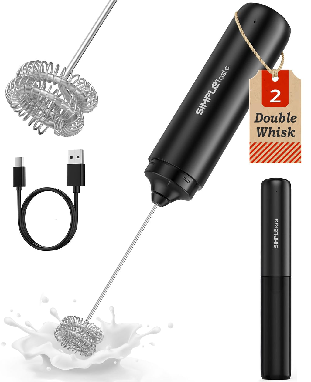 SIMPLETASTE Milk Frother Handheld Electric Foam Maker, Drink Mixer with Stainless Steel Whisk for Cappuccino, Bulletproof Coffee, Latte, Blizzard White, Without Stand, Battery Operated