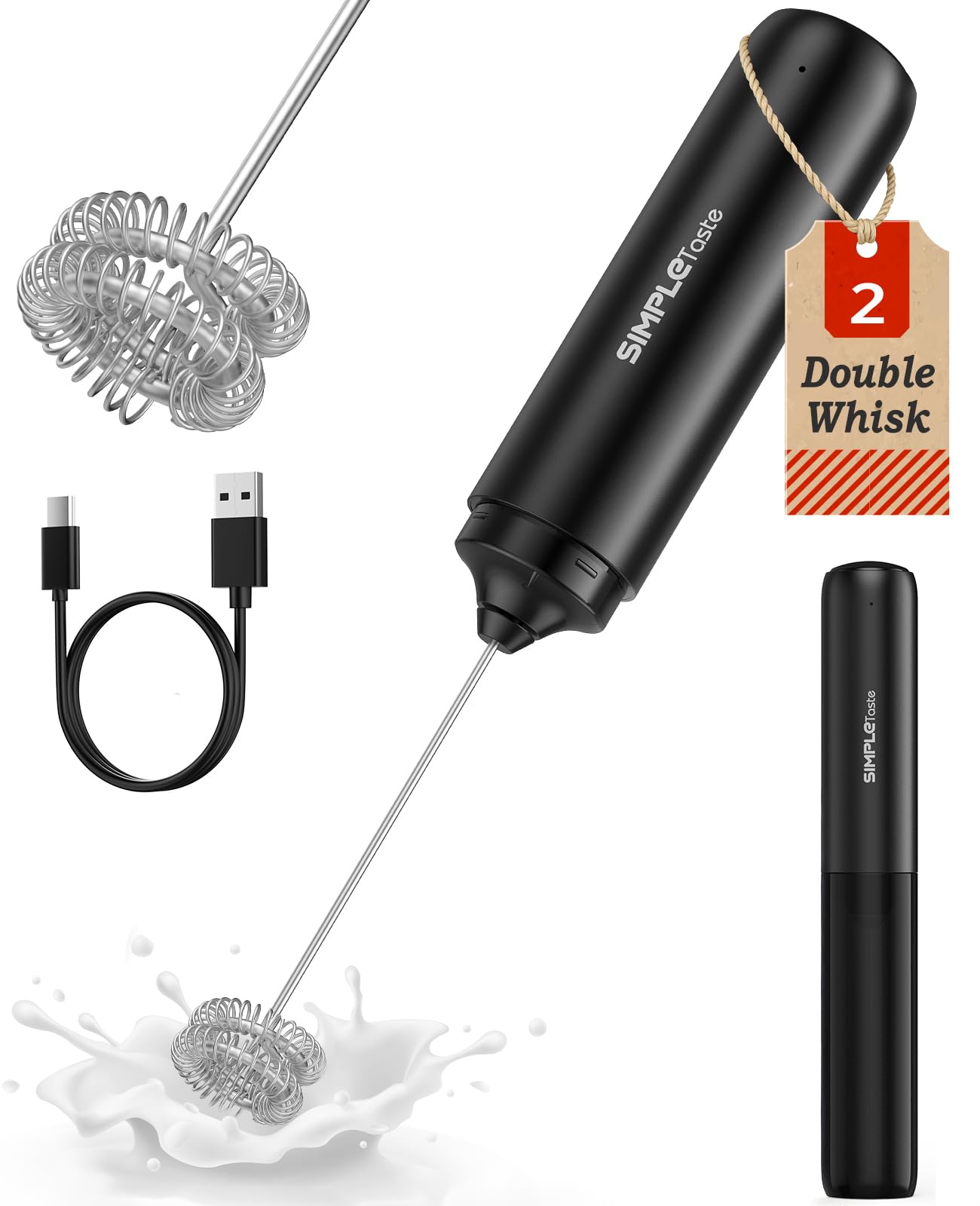 SIMPLETASTE Milk Frother Handheld Electric Foam Maker, Drink Mixer with Stainless Steel Whisk for Cappuccino, Bulletproof Coffee, Latte, Blizzard White, Without Stand, Battery Operated