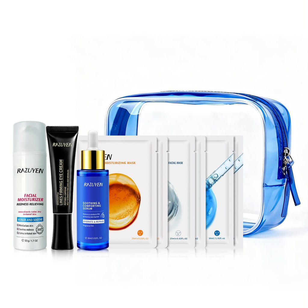 Coffret de soins visage en sac de voyage bleu, flacons de soin et masques en feuilles