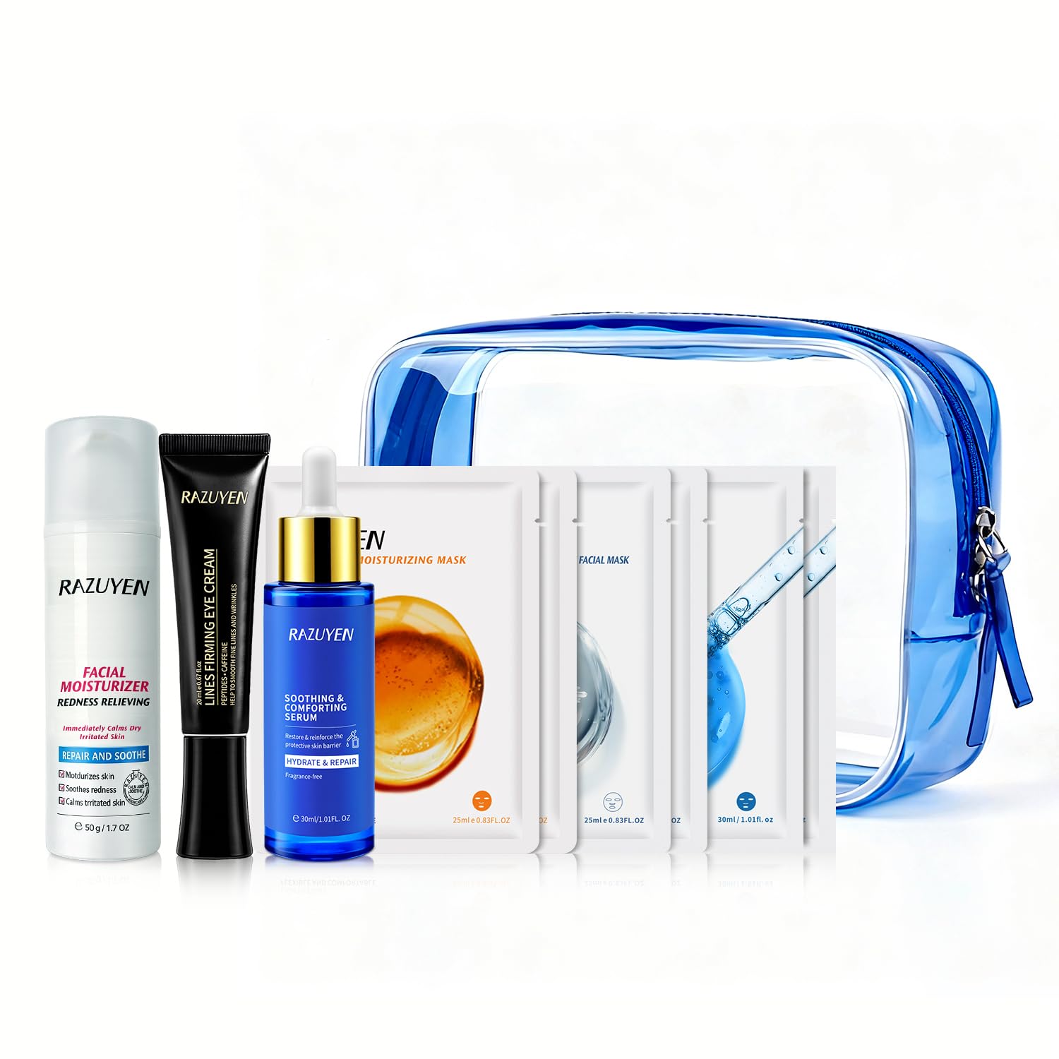 Coffret de soins visage en sac de voyage bleu, flacons de soin et masques en feuilles