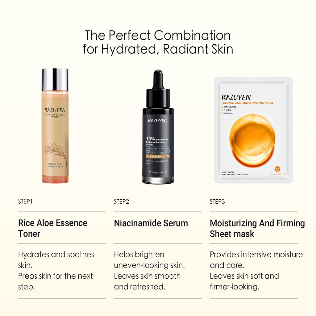 Coffret de soins RAZUYEN : sérum au niacinamide, flacon et masque en feuille.
