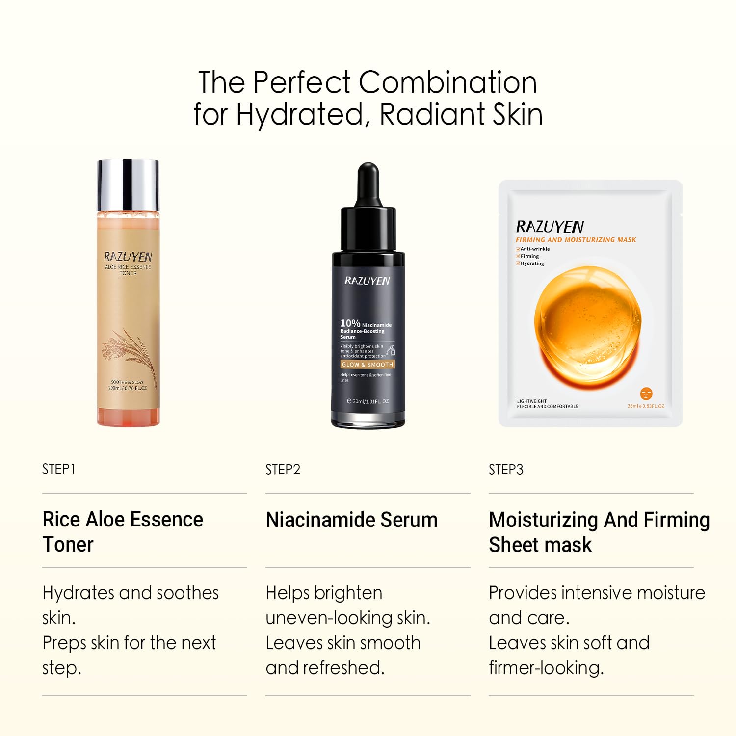 Coffret de soins RAZUYEN : sérum au niacinamide, flacon et masque en feuille.