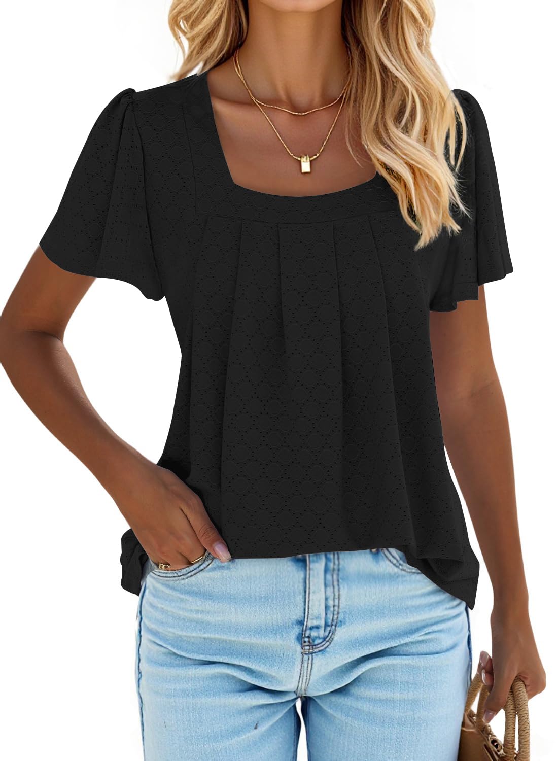 isermeo Summer Tops for Women Pleated Square Neck Ruffle Sleeve Shirts Casual Loose Flowy Curved Hem Tunic S-XXL