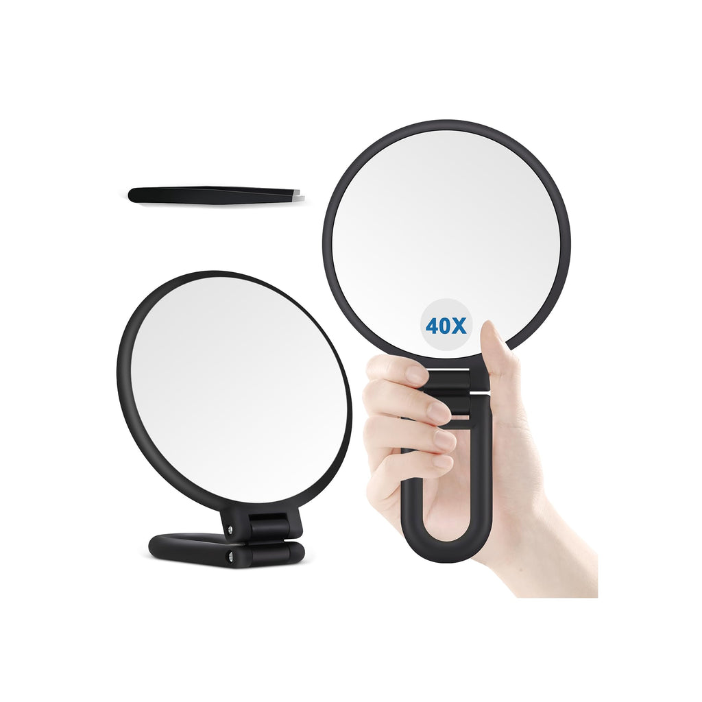 Miroir de maquillage à main double face, cadre noir, grossissement 40x