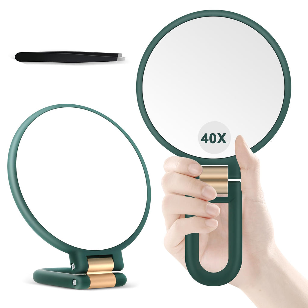Miroir de maquillage à main double face, cadre vert, grossissement 40x