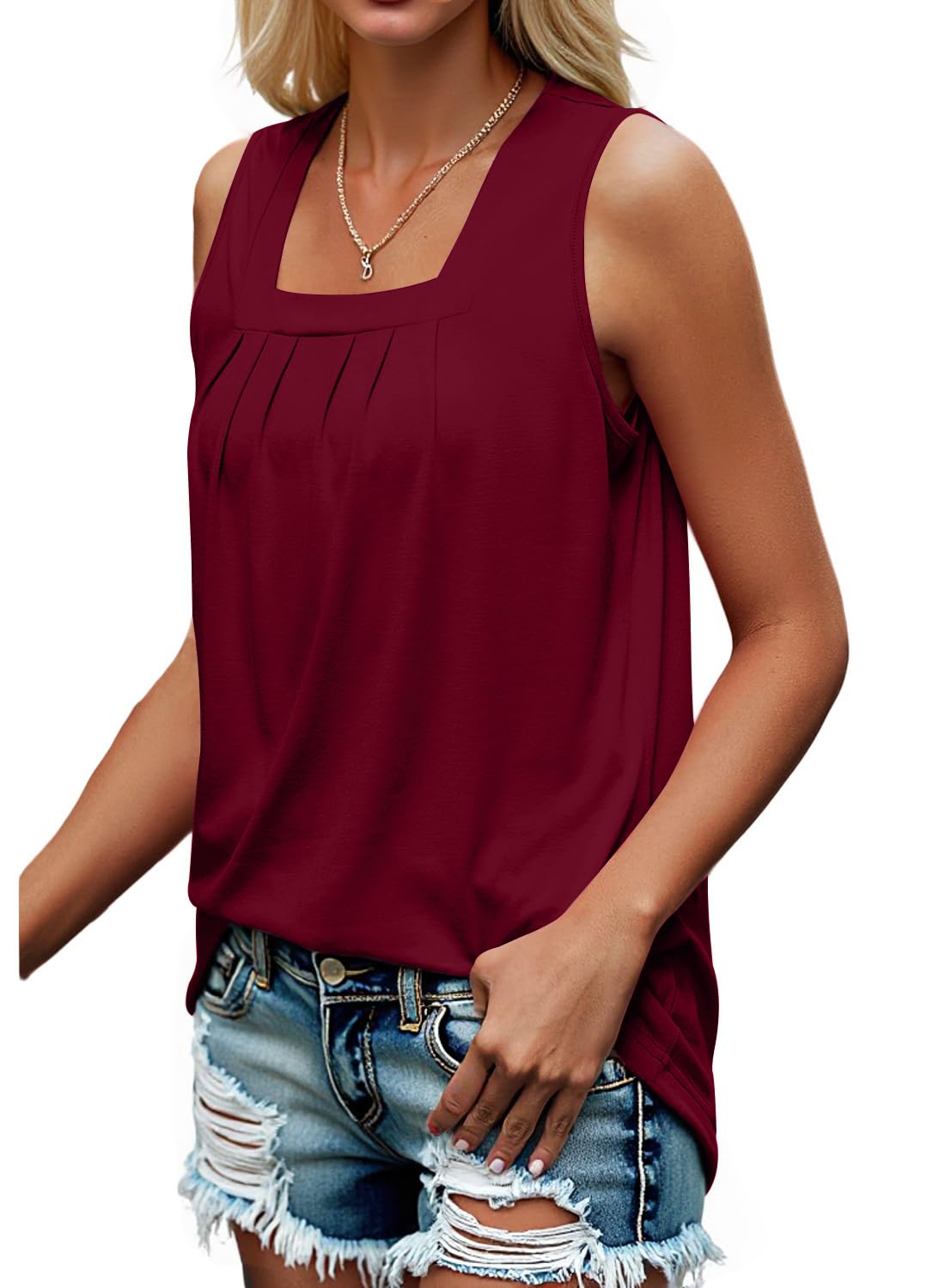 isermeo Summer Tank Tops for Women Loose Fit Pleated Square Neck Sleeveless Shirt Flowy Tops S-XXL