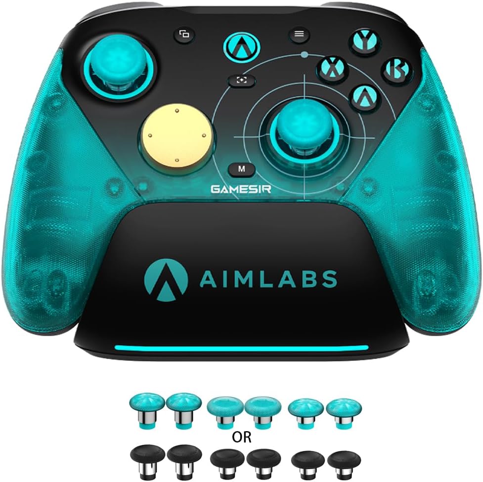 Manette gaming PC GameSir G7 Pro avec poignées vert turquoise, sticks et boutons rétroéclairés.