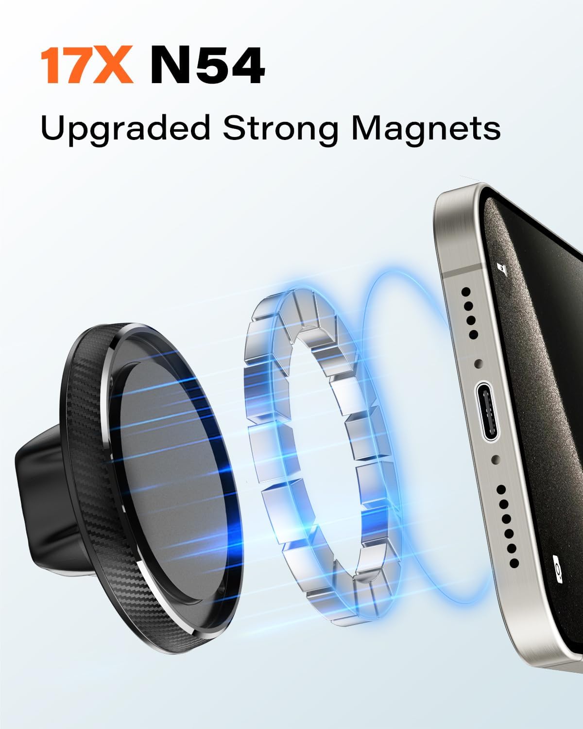 Support téléphone magnétique avec disque noir et aimants, téléphone fixé sur le côté.