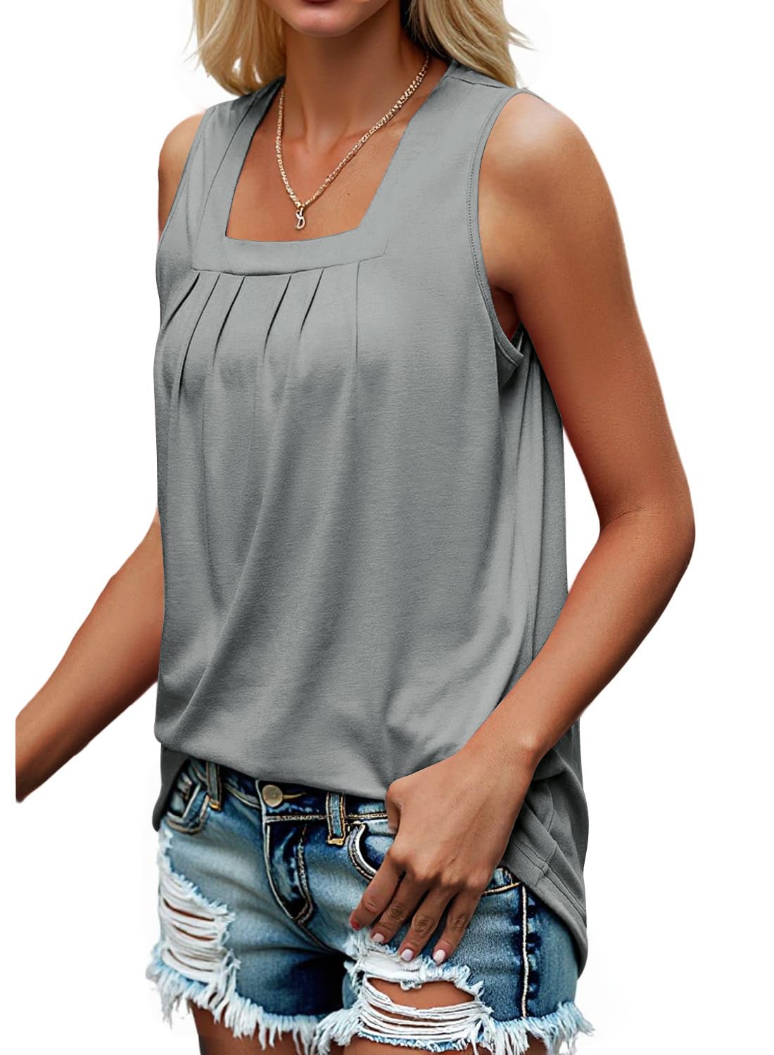 isermeo Summer Tank Tops for Women Loose Fit Pleated Square Neck Sleeveless Shirt Flowy Tops S-XXL