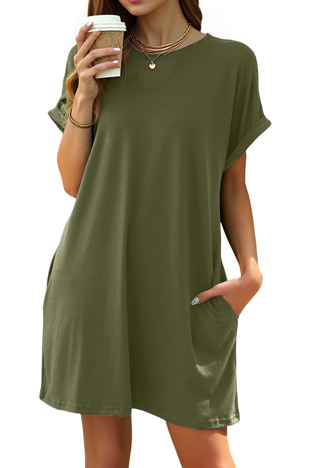 isermeo Women Summer Casual Swing Rolled Sleeve T Shirt Dresses Beach Cover Up Loose Dress with Pockets S-XXL