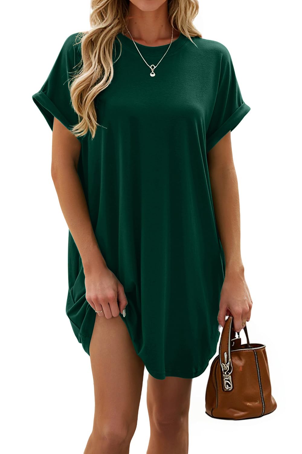 isermeo Women Summer Casual Swing Rolled Sleeve T Shirt Dresses Beach Cover Up Loose Dress with Pockets S-XXL