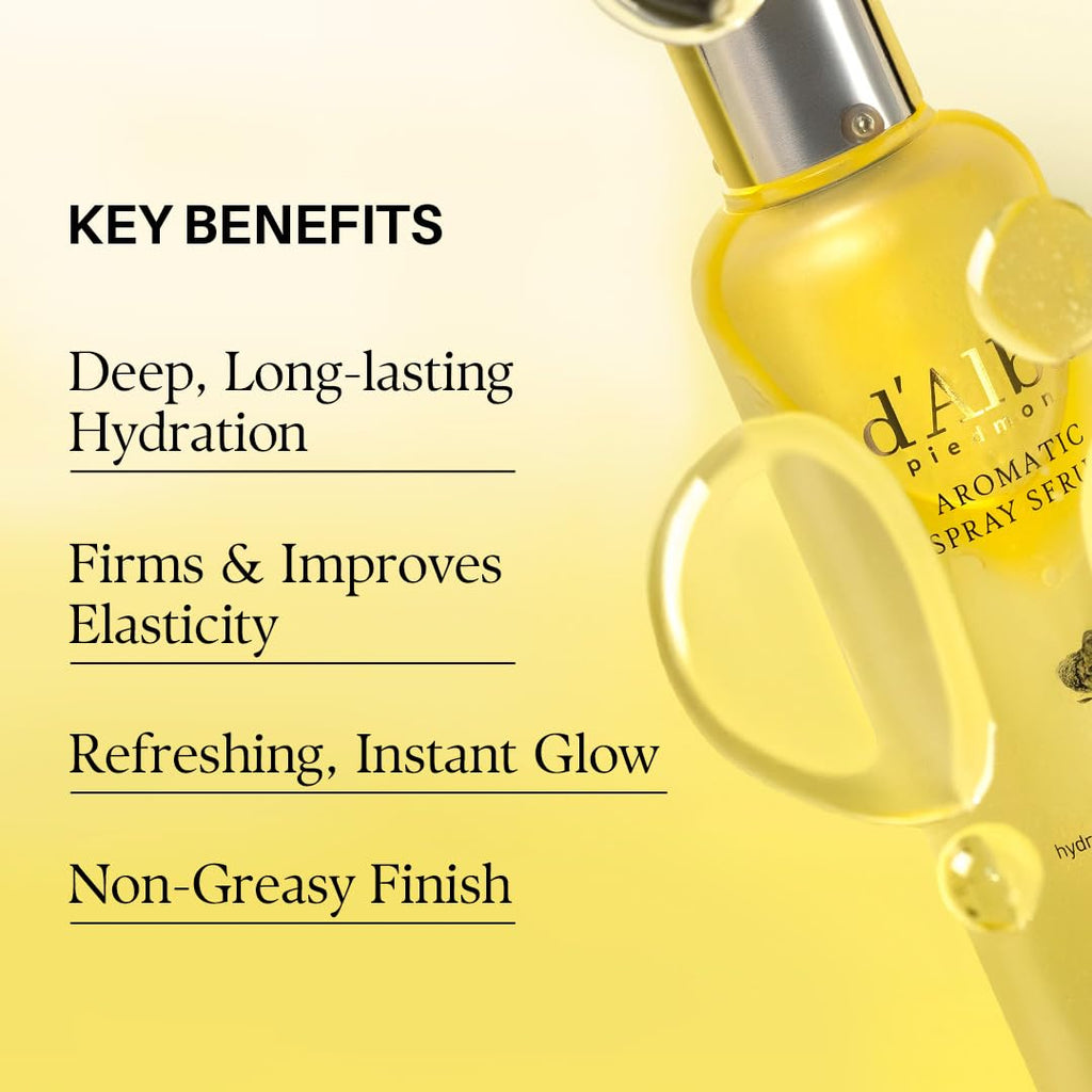 Sérum spray aromatique d'Alba, flacon ambré avec pompe dorée et gouttelettes