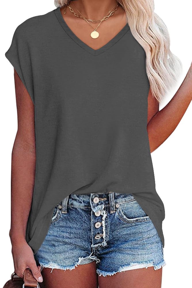 isermeo Cap Sleeve T Shirts for Women Summer V Neck Cute Tops Trendy Beach Vacation Clothes Fashion S-XXL
