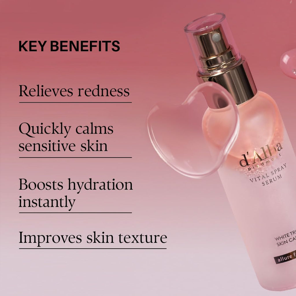 Sérum brumisateur d’Alba, flacon rosé à pompe avec gouttes de produit