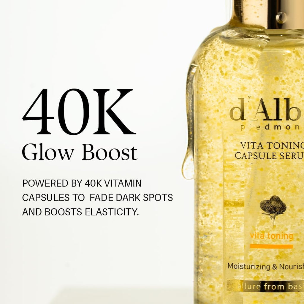 Flacon de sérum capsule Vita Toning, liquide jaune doré et bouchon doré