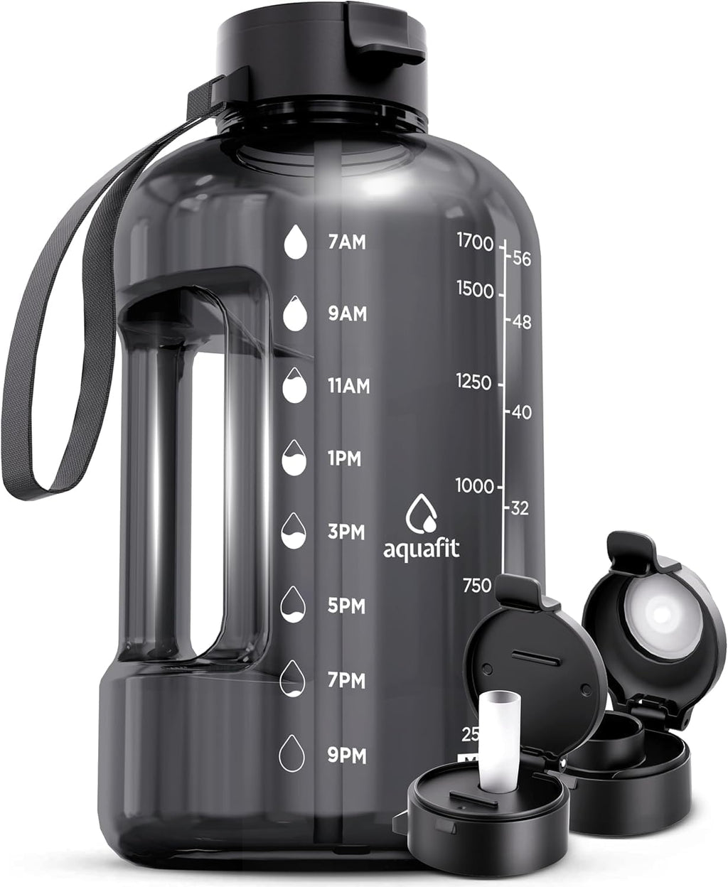 AQUAFIT 2l Water Bottle with Straw - Half Gallon Water Bottle - Motivational Gym Water Bottles 2l - 2 Liter Water Bottle Time Marker - Half Gallon Water Jug 64 oz - Large Water Bottle Gray