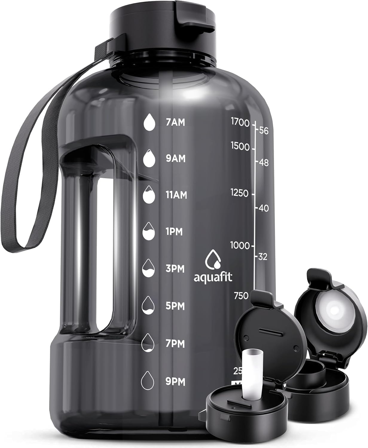 AQUAFIT 2l Water Bottle with Straw - Half Gallon Water Bottle - Motivational Gym Water Bottles 2l - 2 Liter Water Bottle Time Marker - Half Gallon Water Jug 64 oz - Large Water Bottle Gray