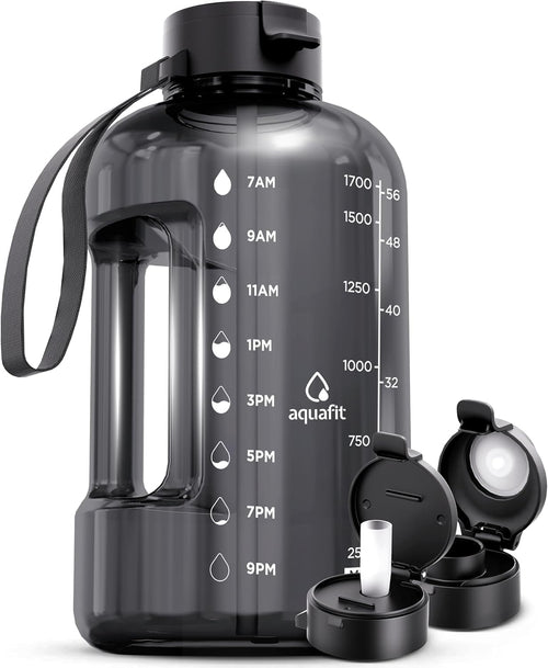 AQUAFIT 2l Water Bottle with Straw - Half Gallon Water Bottle - Motivational Gym Water Bottles 2l - 2 Liter Water Bottle Time Marker - Half Gallon Water Jug 64 oz - Large Water Bottle Gray