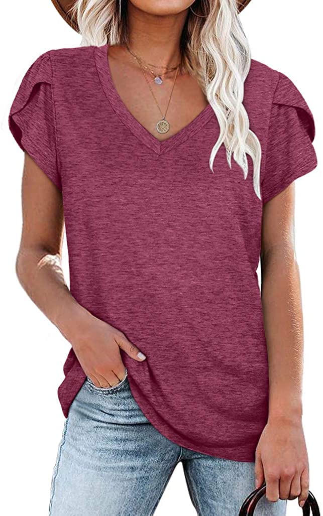 isermeo Womens Summer Tops Sexy V Neck Petal Sleeve Casual Solid Color Tee Tshirts S-XXL