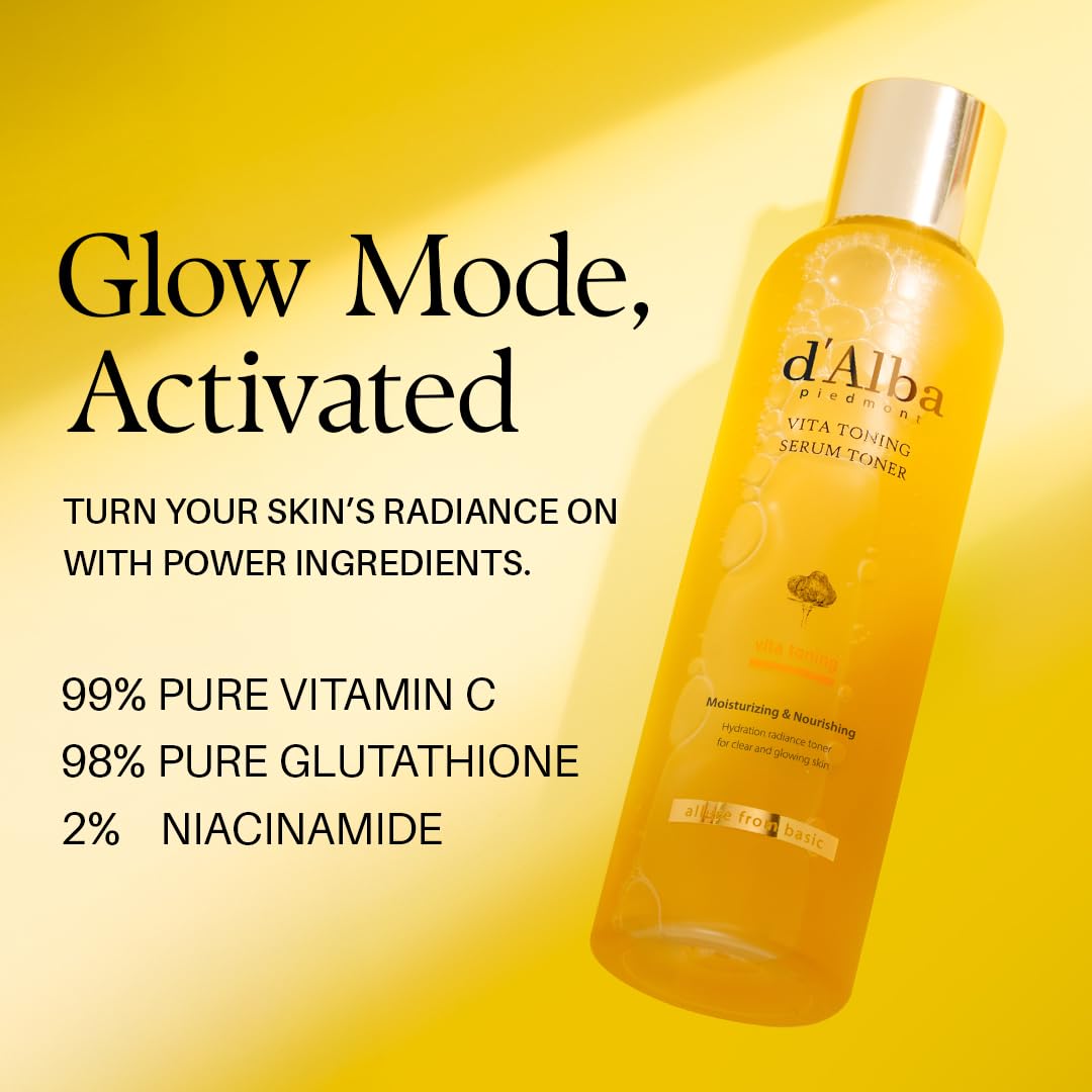 Bouteille de sérum tonique d'Alba Vita Toning, flacon jaune translucide, cap doré
