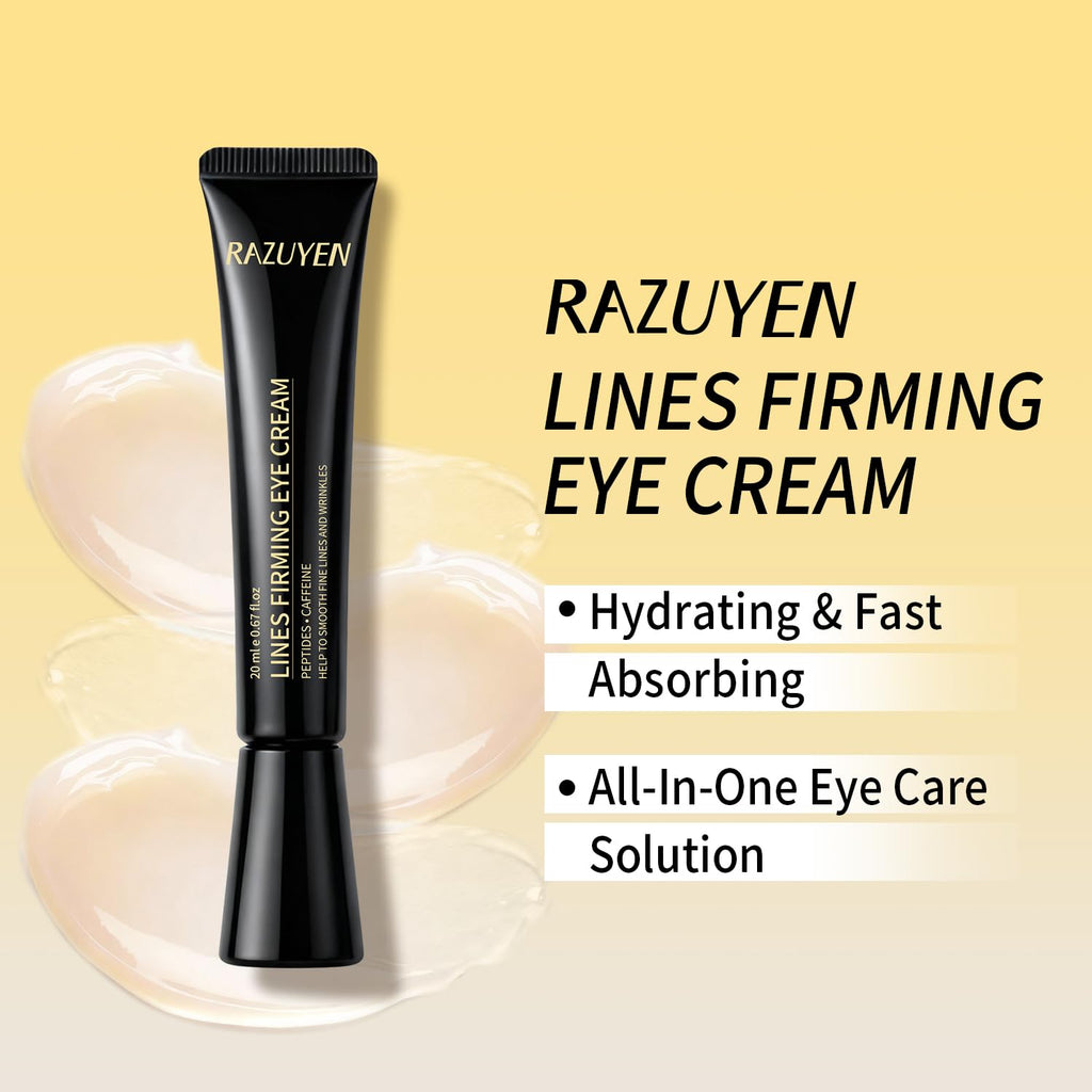 Crème contour des yeux RAZUYEN en tube noir, avec gel beige étalé en forme de vague.