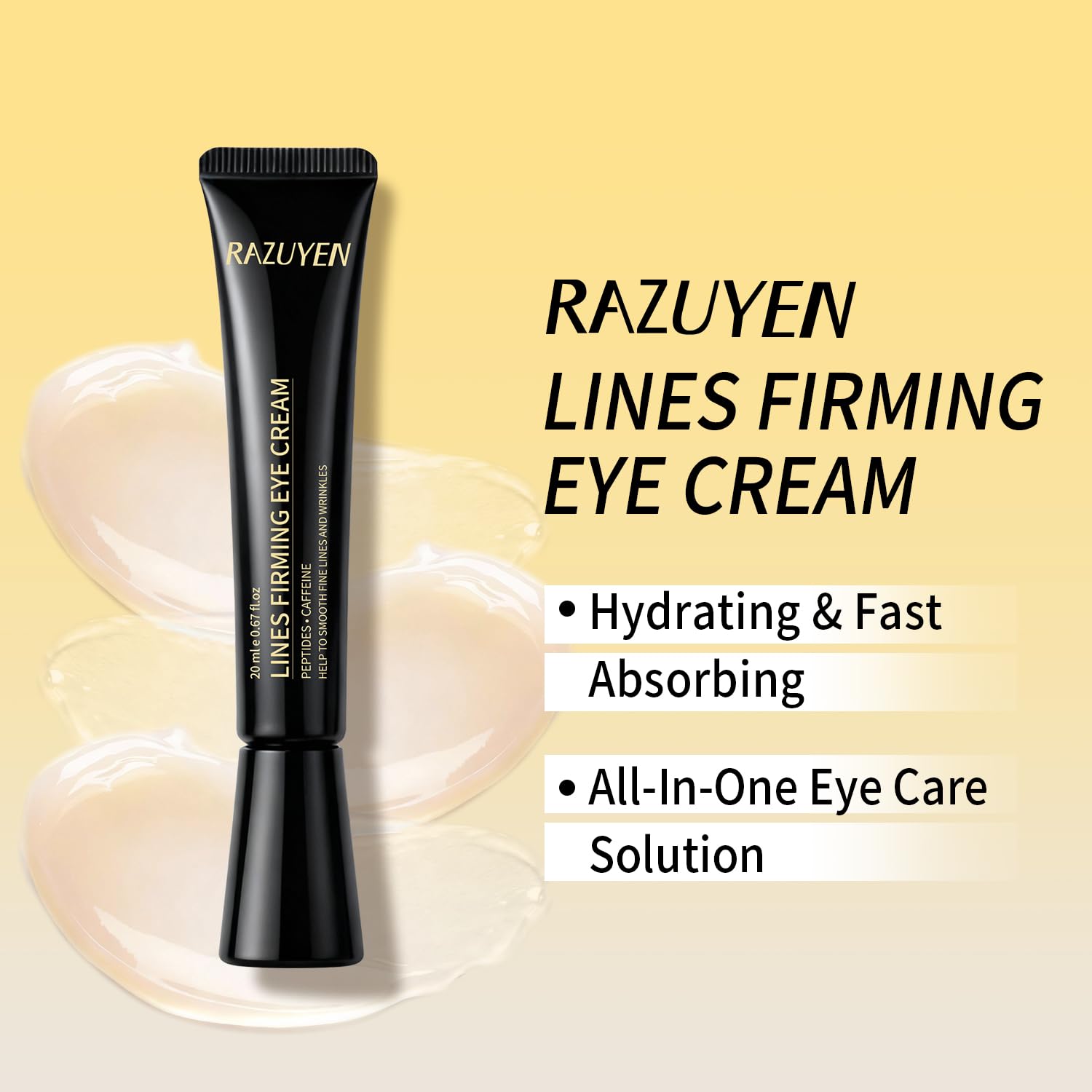 Crème contour des yeux RAZUYEN en tube noir, avec gel beige étalé en forme de vague.