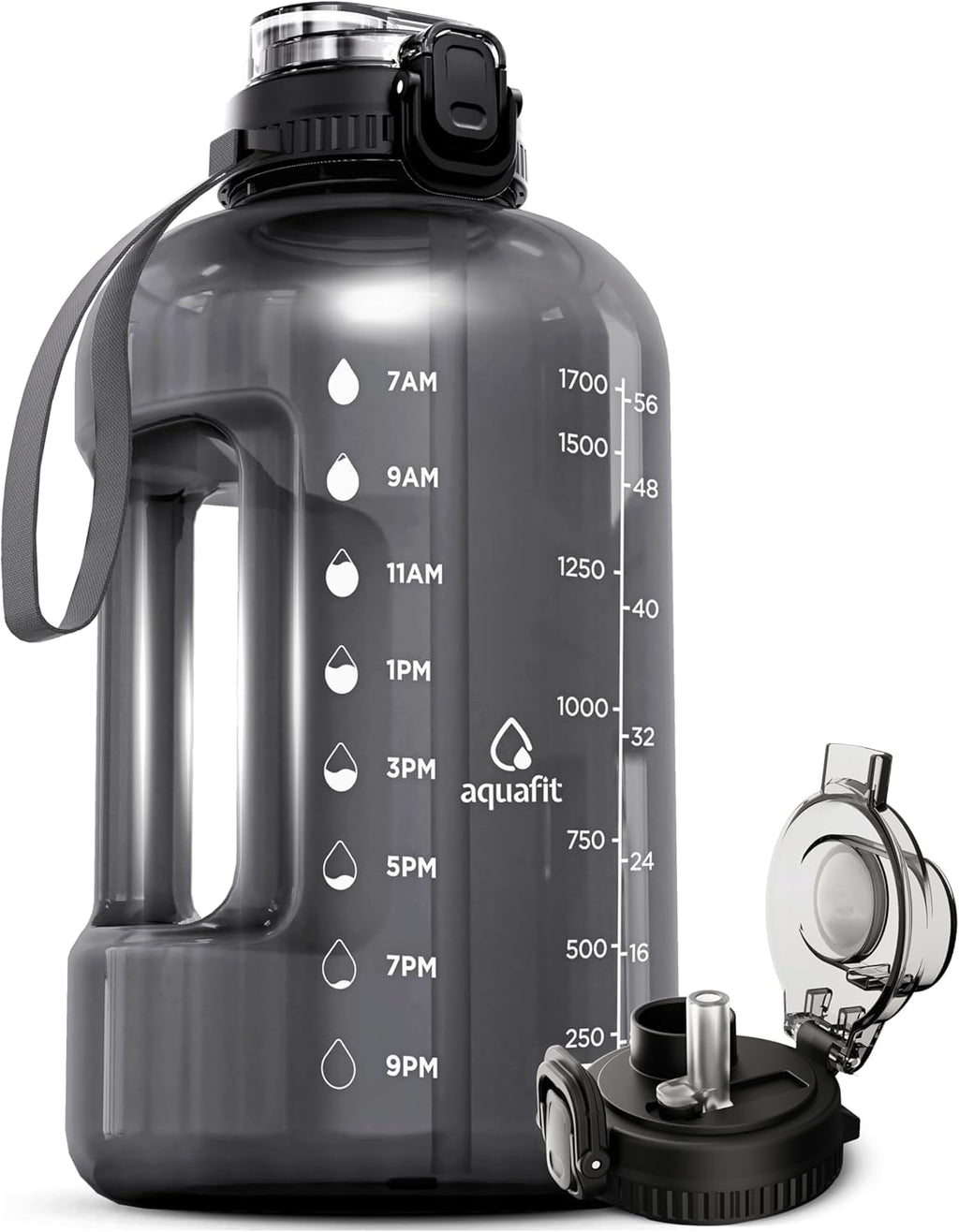 AQUAFIT 2l Water Bottle with Straw - Half Gallon Water Bottle - Motivational Gym Water Bottles 2l - 2 Liter Water Bottle Time Marker - Half Gallon Water Jug 64 oz - Large Water Bottle Gray