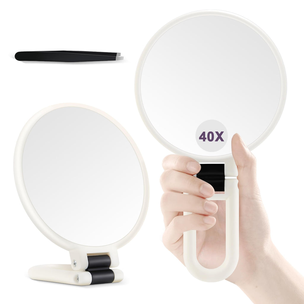Miroir de maquillage à main double face, cadre blanc, grossissement 40x