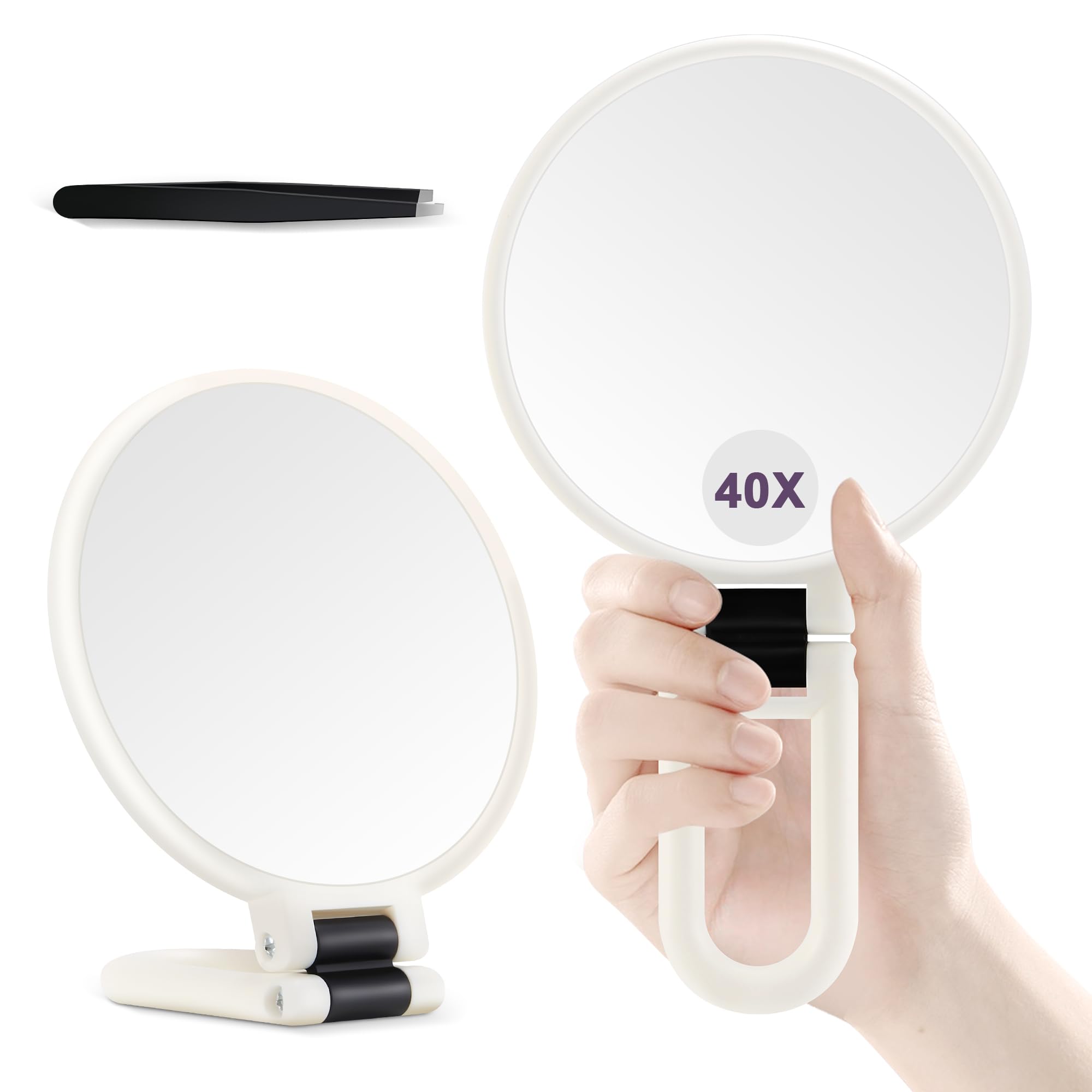 Miroir de maquillage à main double face, cadre blanc, grossissement 40x