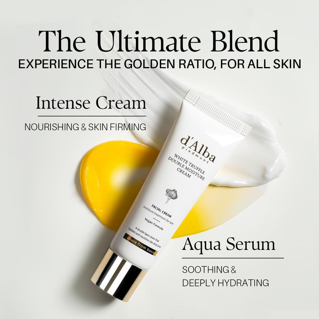 Pot et tube de sérum et crème d'Alba, texture crème jaune doré