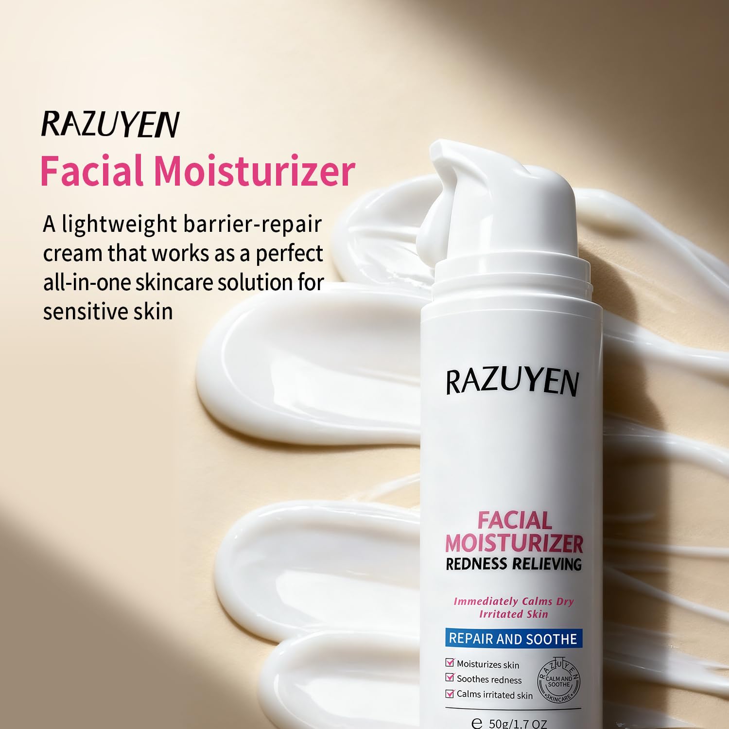 Crème visage RAZUYEN sans parfum, flacon blanc et texture de crème étalée