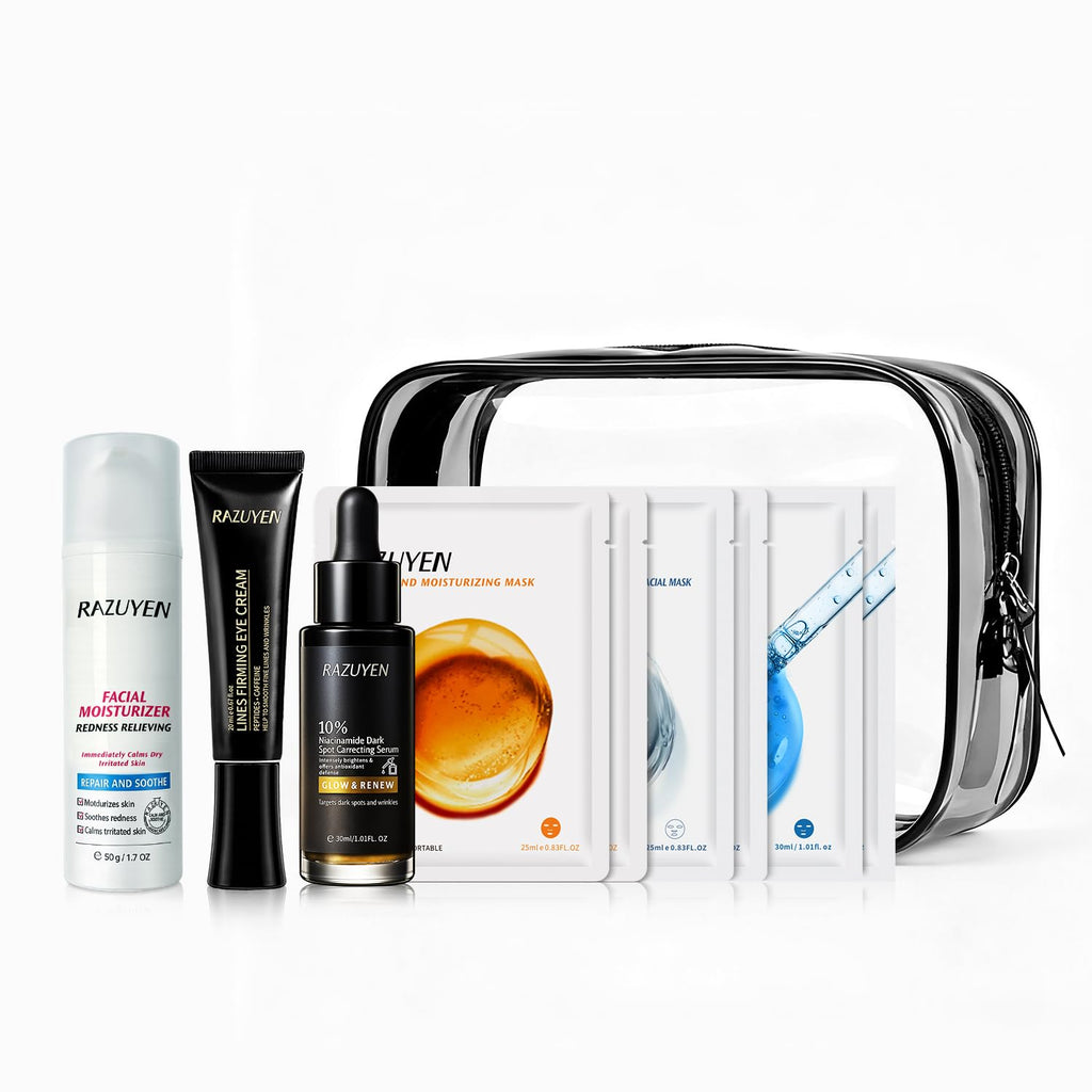 Coffret de soins visage en sac de voyage noir, sérum, crème et masques en feuilles