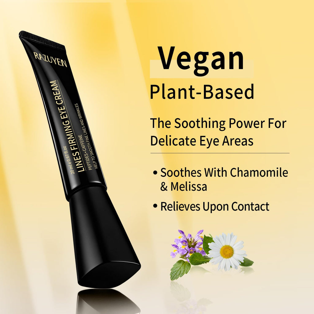 Crème contour des yeux RAZUYEN en tube noir, avec fleurs blanches et violettes.