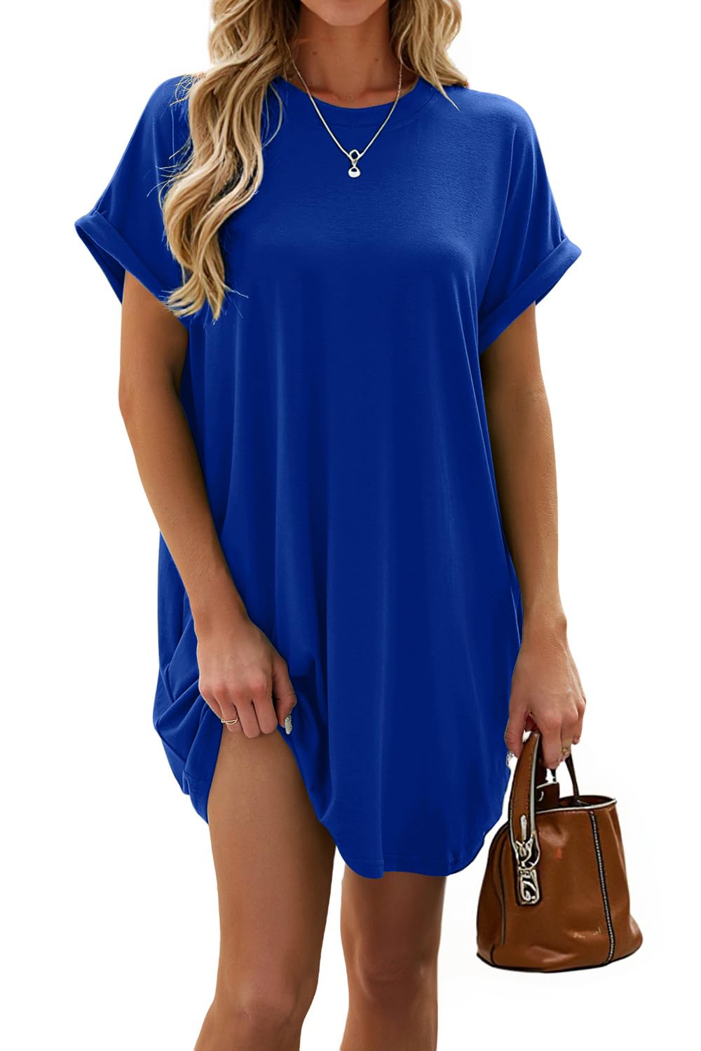 isermeo Women Summer Casual Swing Rolled Sleeve T Shirt Dresses Beach Cover Up Loose Dress with Pockets S-XXL