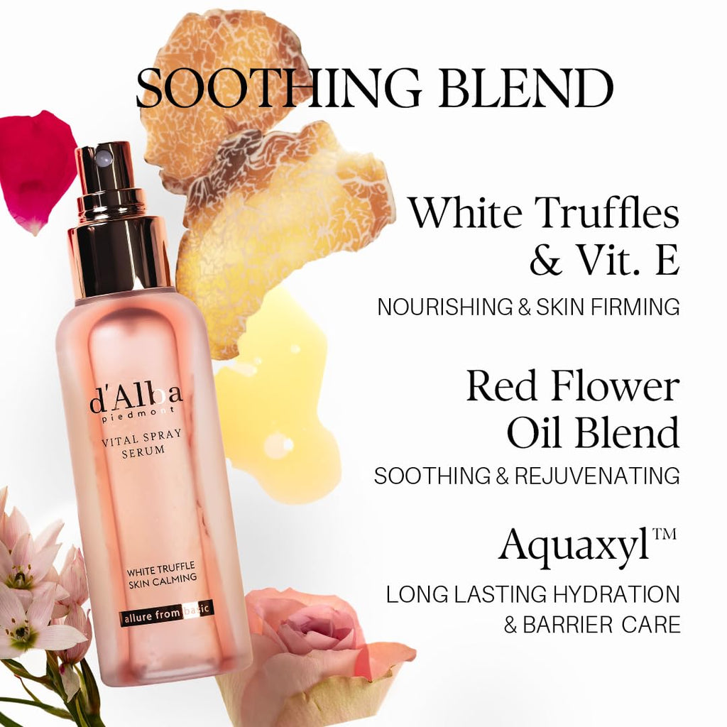 Flacon de brume visage rosé avec morceaux de truffe blanche autour
