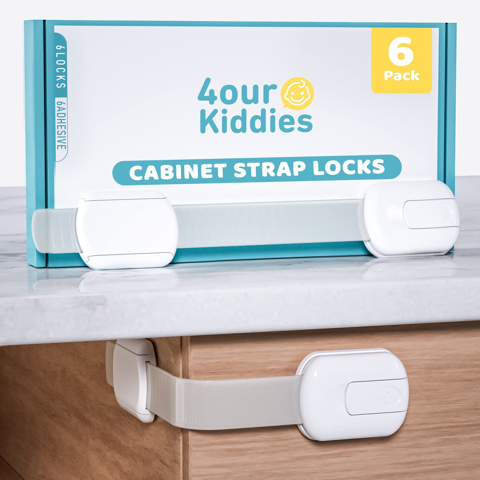 4our Kiddies Child Safety Cabinet Locks for Babies (6 Pack), Child Proof Latches for Cabinets and Drawers Doors, Baby Proofing Cabinet Strap Locks for Cupboard and Closet with 6Pcs Extra 3M Adhesives