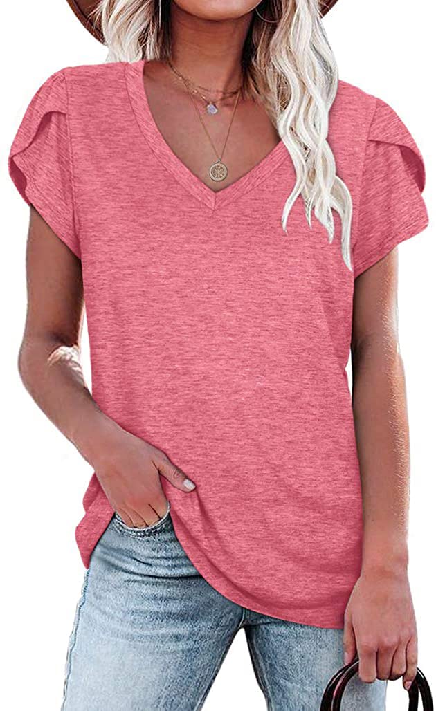 isermeo Womens Summer Tops Sexy V Neck Petal Sleeve Casual Solid Color Tee Tshirts S-XXL