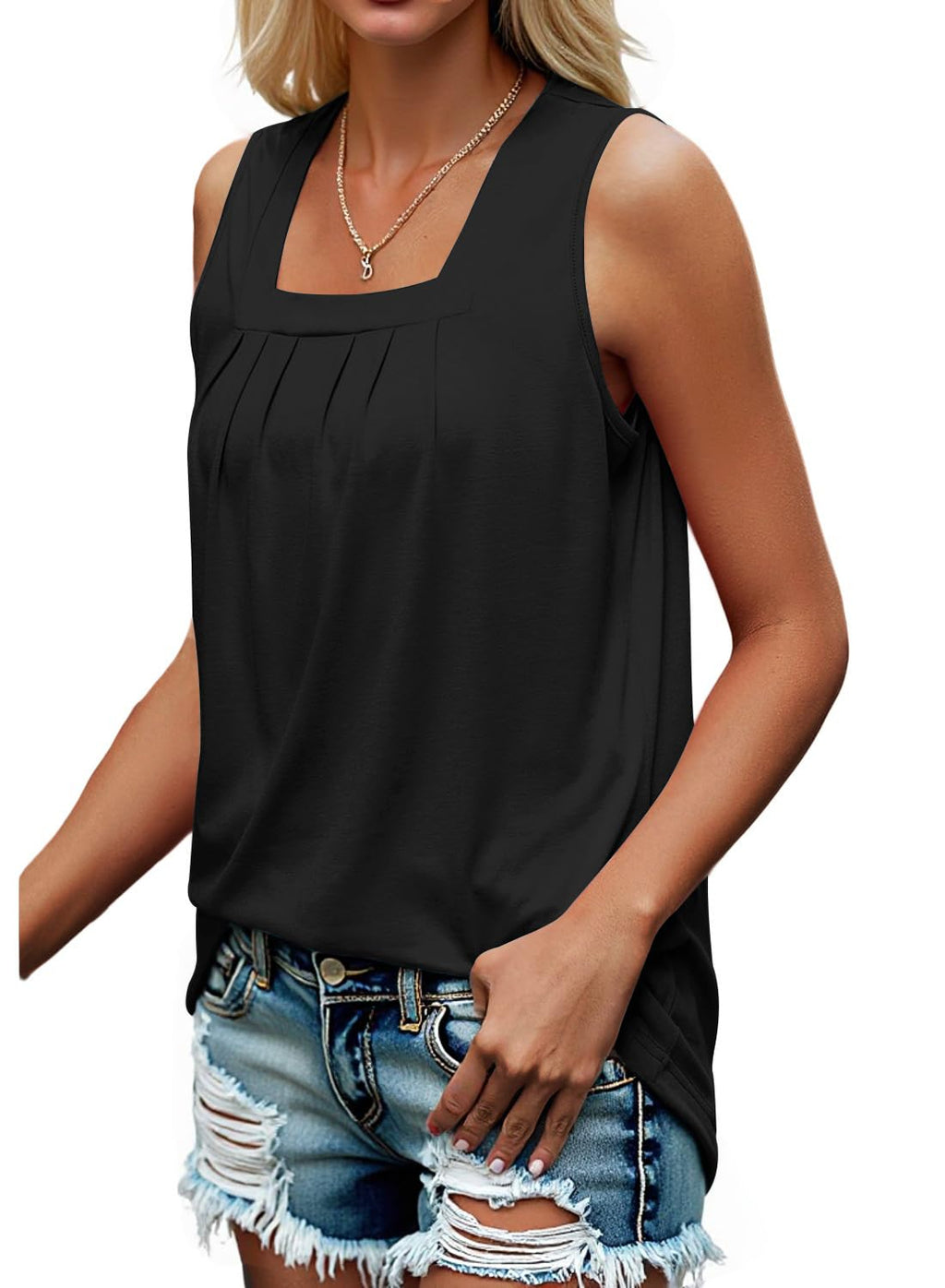 isermeo Summer Tank Tops for Women Loose Fit Pleated Square Neck Sleeveless Shirt Flowy Tops S-XXL