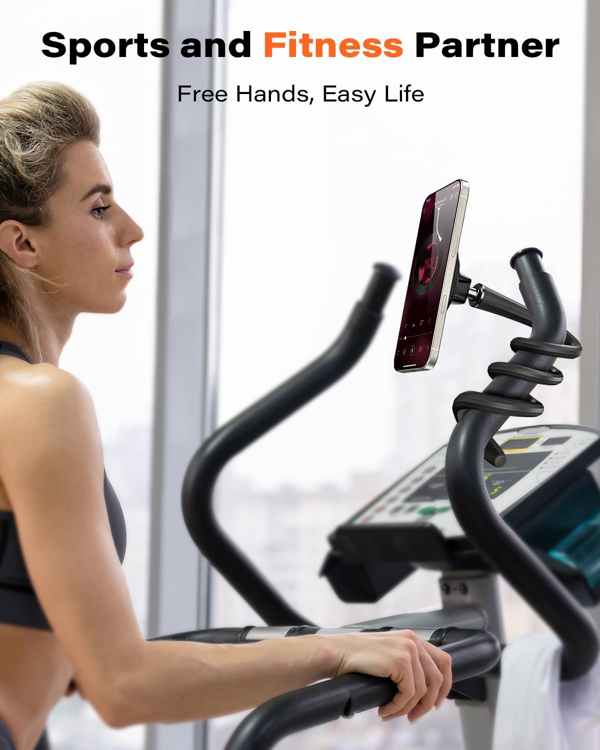 Support téléphone sur guidon avec bras flexible courbé et base de fixation noire.