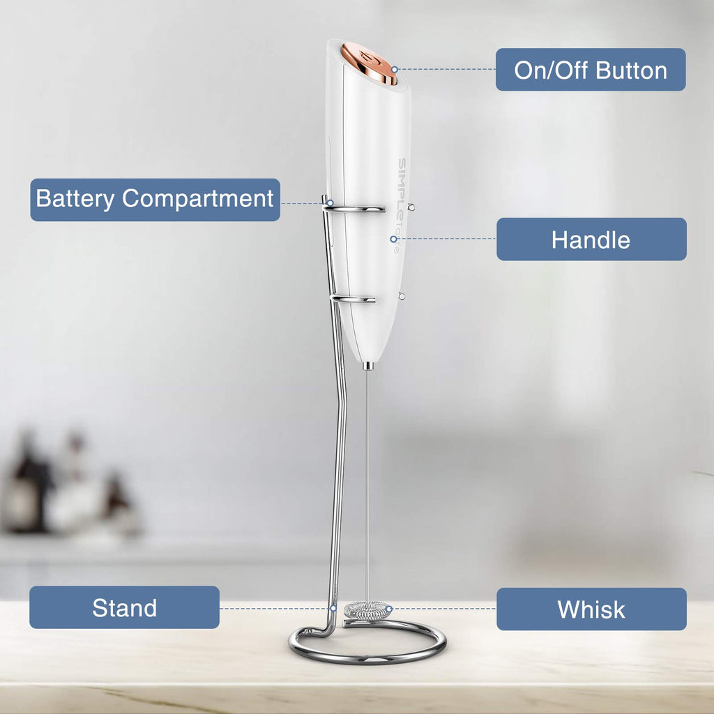 SIMPLETASTE Milk Frother Handheld Electric Foam Maker, Drink Mixer with Stainless Steel Whisk for Cappuccino, Bulletproof Coffee, Latte, Blizzard White, Without Stand, Battery Operated