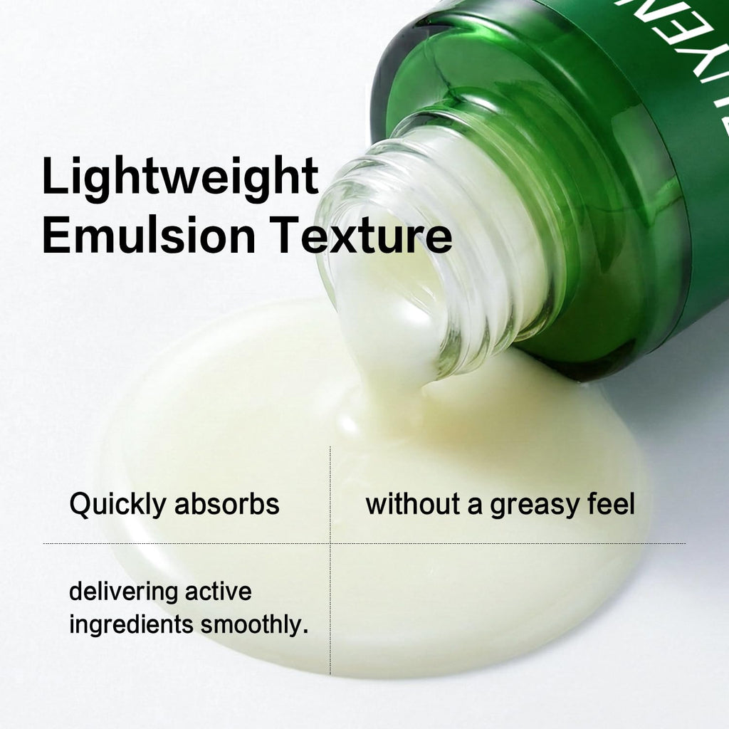 Texture de sérum RAZUYEN : goutte blanche s’écoulant du flacon vert