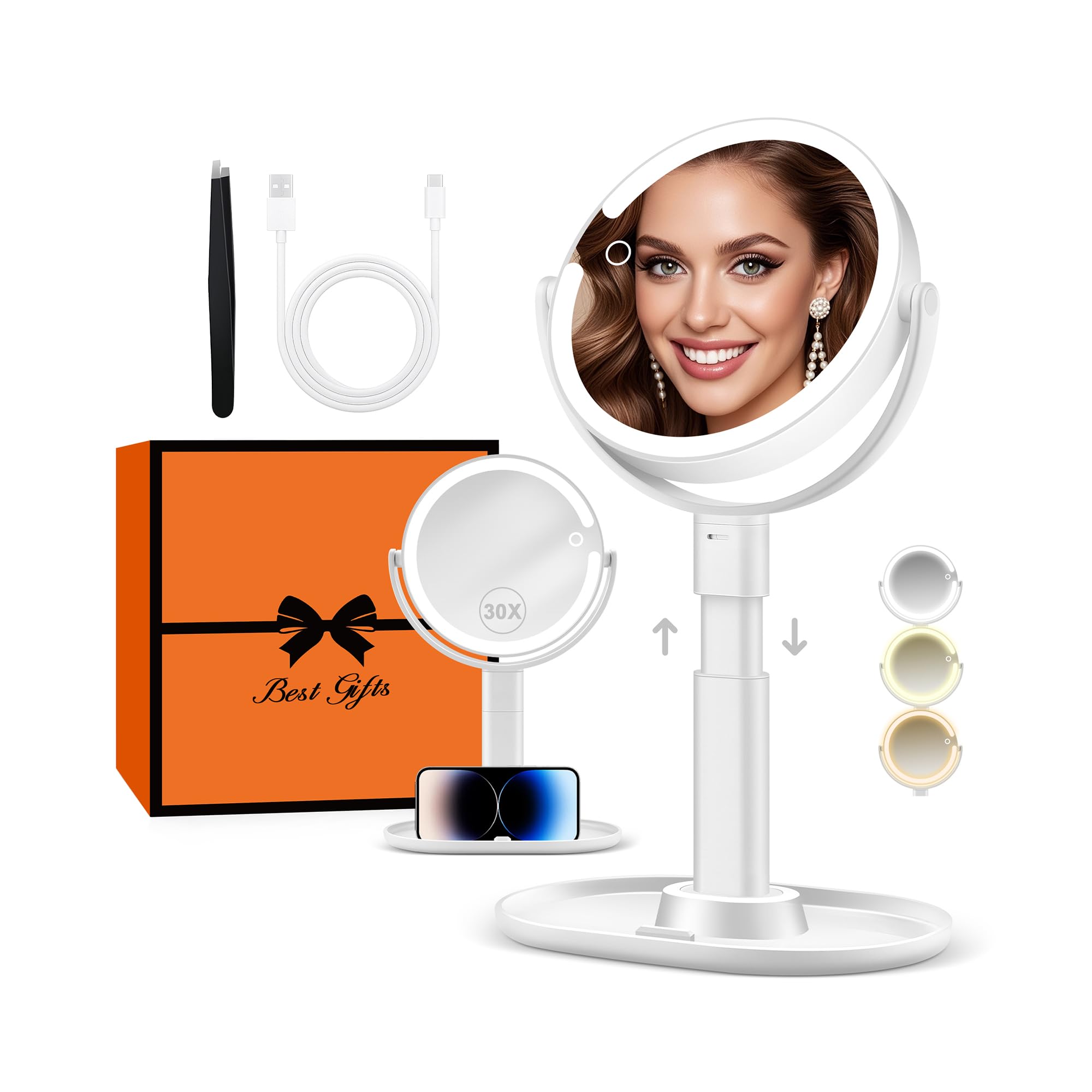 Miroir de maquillage lumineux sur pied, cadre clair, double face